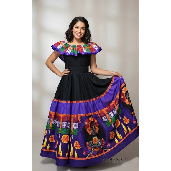 Mexican set Mexico todo corazon single circle skirt day of the dead - Picture 2 of 7